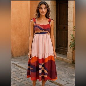 Carolina K Tie-Shoulder Pink & Multi-Color Tiered Maxi Dress